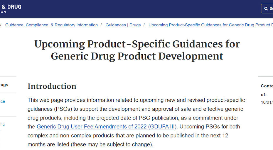 Upcoming Product-Specific Guidances for Generic Drug Product Development